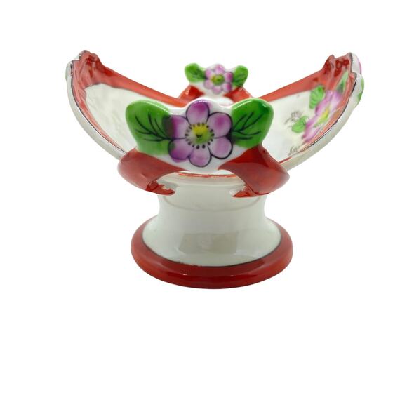 Japanese Vase Urn Planter Miniature Vintage Floral Red White Ceramic Glossy - Picture 4 of 12